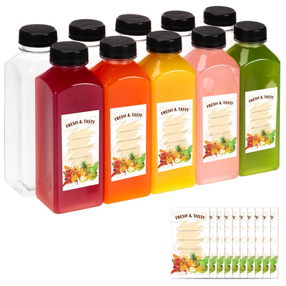 BAKHUK 10pcs 16oz Empty Plastic Juice Bottles with Caps, Plastic Water Bottles with Lids, Reusable Clear Bulk Beverage Juice Containers for Milk and Other Beverages