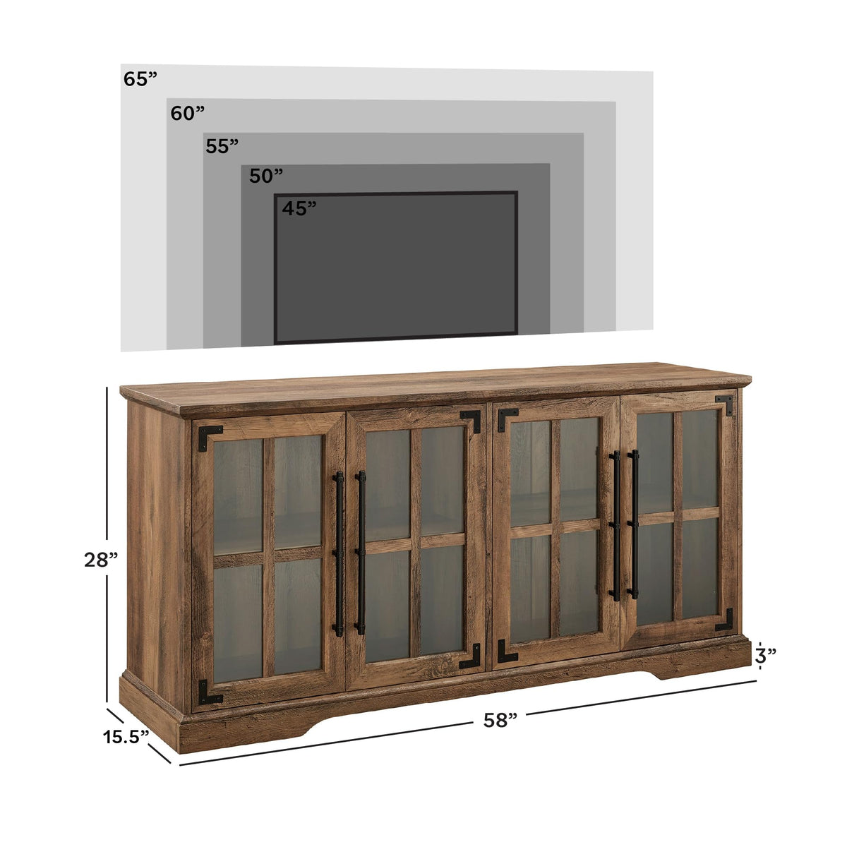 Walker Edison Farmhouse Barn Glass Door Wood Universal TV Stand for TV's up to 64" Flat Screen Living Room Storage Cabinet Doors and Shelves Entertainment Center, 58 Inch, Rustic Oak