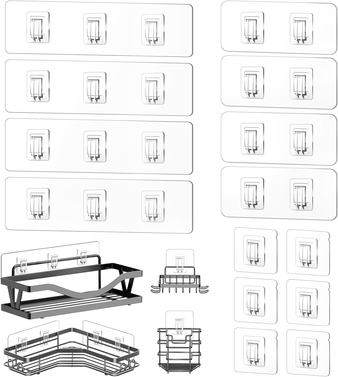 14 Pack Shower Caddy Replacement, Strong Adhesive Flat Hooks, Clear Waterproof Shower Shelf Strips for No Drilling