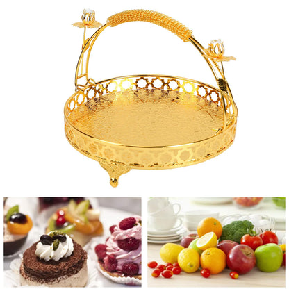 GLOGLOW Vintage Round Fruit Tray with Handle, 10.2 Inch Metal Dessert Platter Gold Cupcake Stand for Wedding Birthday Party Afternoon Tea Candy Cookies