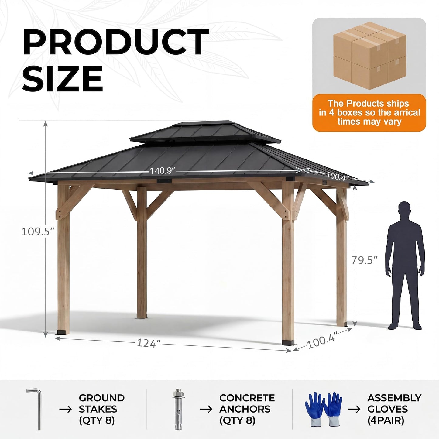 Devoko 10' x 12' Outdoor Wood Gazebo,Metal Hardtop Gazebo,Color DIY Permanent Pavilion with Galvanized Steel Double Roof for Backyard, Garden(Windproof, Snow-Load Bearing, Waterproof, Rustproof)