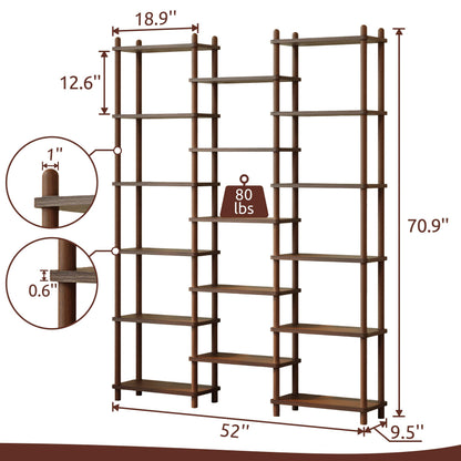 IOTXY Wooden Triple Wide Bookshelf - 6-Tier Large Shelf Bookcase with Solid Beech Frame, Tall Freestanding Open Etagere Display Rack for Home Office, Walnut