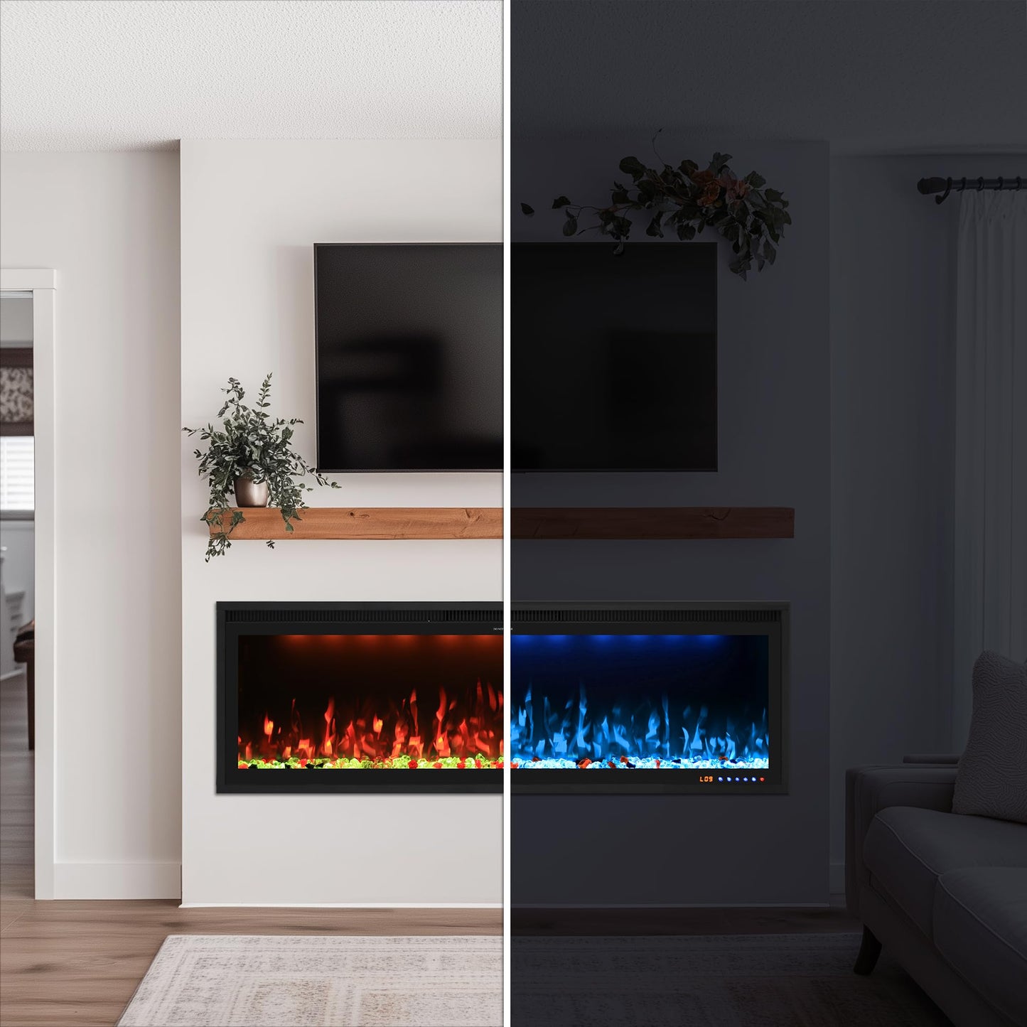 Valuxhome 50 inch Ultra-Thin Electric Fireplace Inserts, Built-in and Wall Mounting, Ultra-Narrow Frame and Lager Screen Vision with 13 Flame x 13 Ember Bed x 3 Top Light Colors, High/Low Temperature