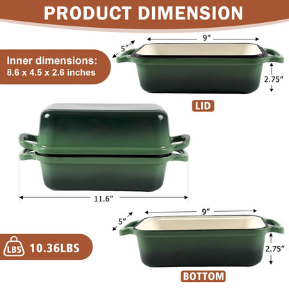 9 x 5 Inch Bread Pan Enameled Cast Iron Loaf Pan with Lid for Baking, 2 in 1 Non-stick Sourdough Bread Loaf Pan for Homemade Bread, Oven & Stovetop Safe for Gas, Electric & Induction, Green