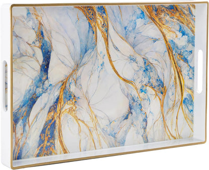 15.8" 11.8" 1.6" MAONAME Rectangular Decorative Tray, Modern White Serving Tray with Handles, Marbling Plastic Trays
