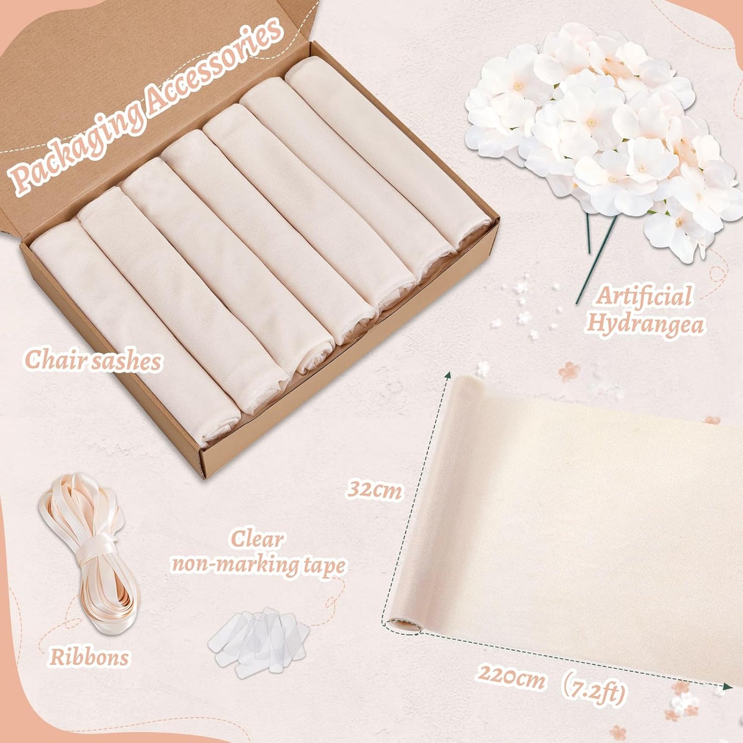 16 Pack SoarDream Champagne Wedding Chair Sashes, Sheer Tulle with Artificial Hydrangea Accents for Ceremony, Reception