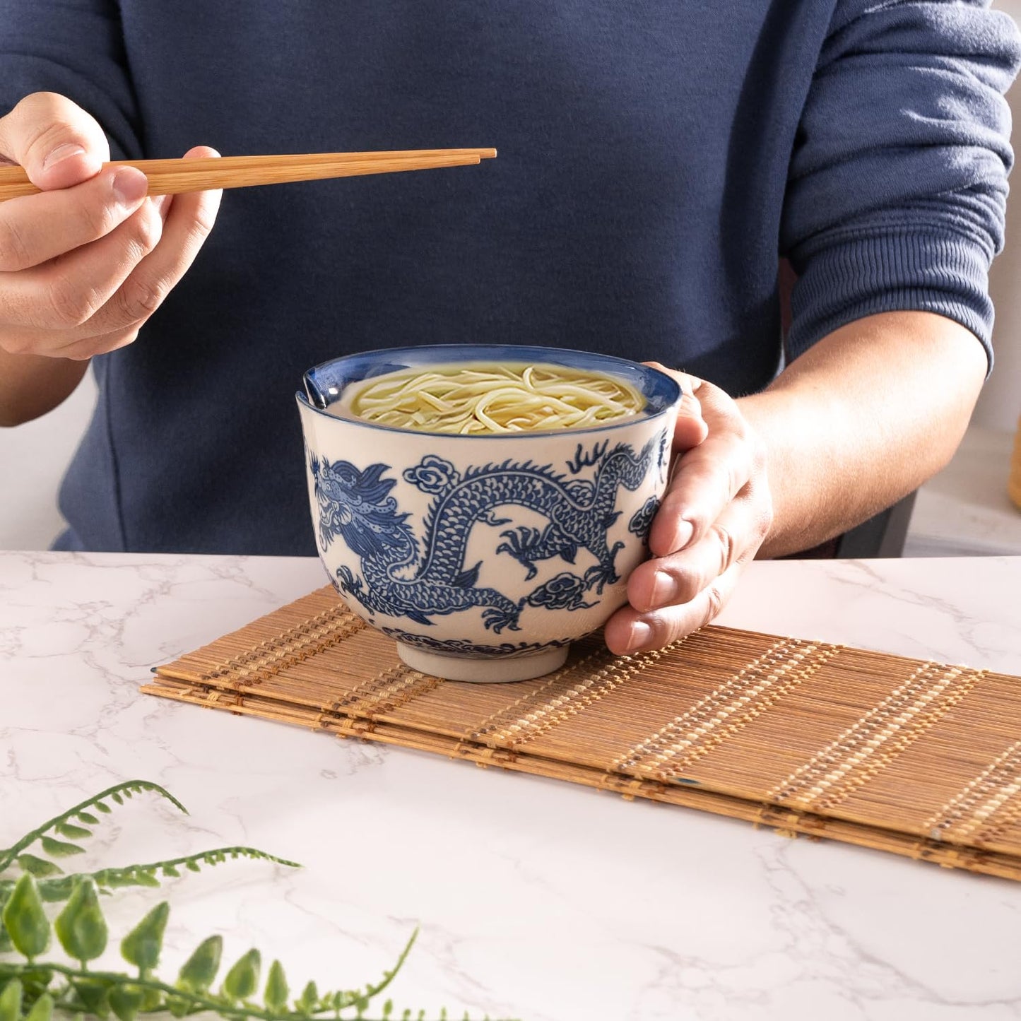 Urban Tokyo Handpainted Ceramic Glazed Japanese Ramen Udon Noodle Rice Bowl With Chopsticks 20 fl oz 5 inch Diameter Bowl Sets Color Box Packaging (Oriental Dragon Blue)
