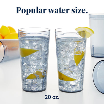 US Acrylic Cafe Plastic Reusable Tumblers (Set of 16) 20-ounce Water Cups in Grey | Value Set of Restaurant Style Drinking Glasses, Stackable, BPA-free, Made in the USA | Top-rack Dishwasher Safe