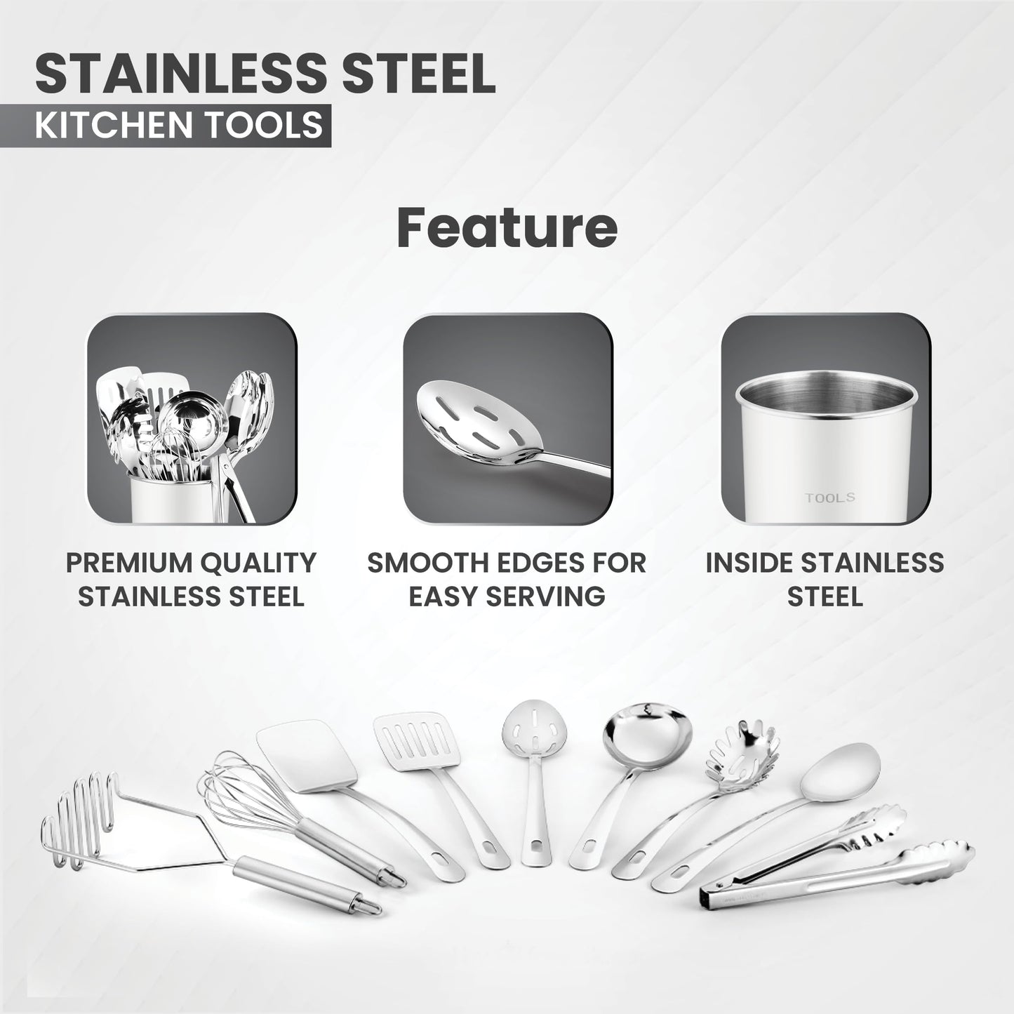 Avador® Premium Set of 10 Stainless Steel (WHITE HOLDER) Kitchen Tool Set with Holder Easy To Clean, Space Saving, Great for Cooking, Baking, Prepping (WHITE)