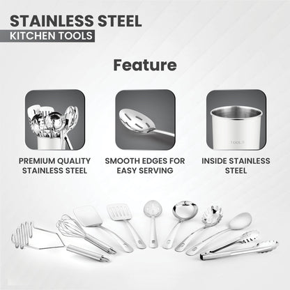 Avador® Premium Set of 10 Stainless Steel (WHITE HOLDER) Kitchen Tool Set with Holder Easy To Clean, Space Saving, Great for Cooking, Baking, Prepping (WHITE)