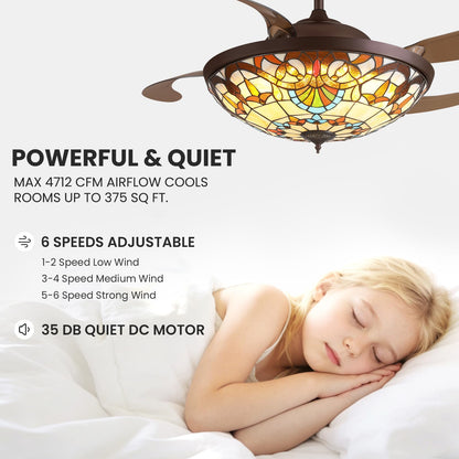 APBEAMLighting 52inch Ceiling Fan Tiffany Style Stained Glass Retractable Ceiling Fans with Remote & Dimmable Light 6-Speed Reversible Motor for Bedroom Dining Room Living Room Kitchen