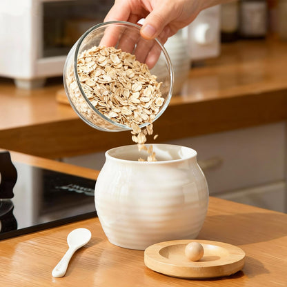 Rougizor 13oz Ceramic Sugar Bowl with Lid and Spoon, Porcelain Sugar Jar with Bamboo Lid, Salt Container Jar for Coffee Bar, Countertop, Kitchen, White Seasoning Container