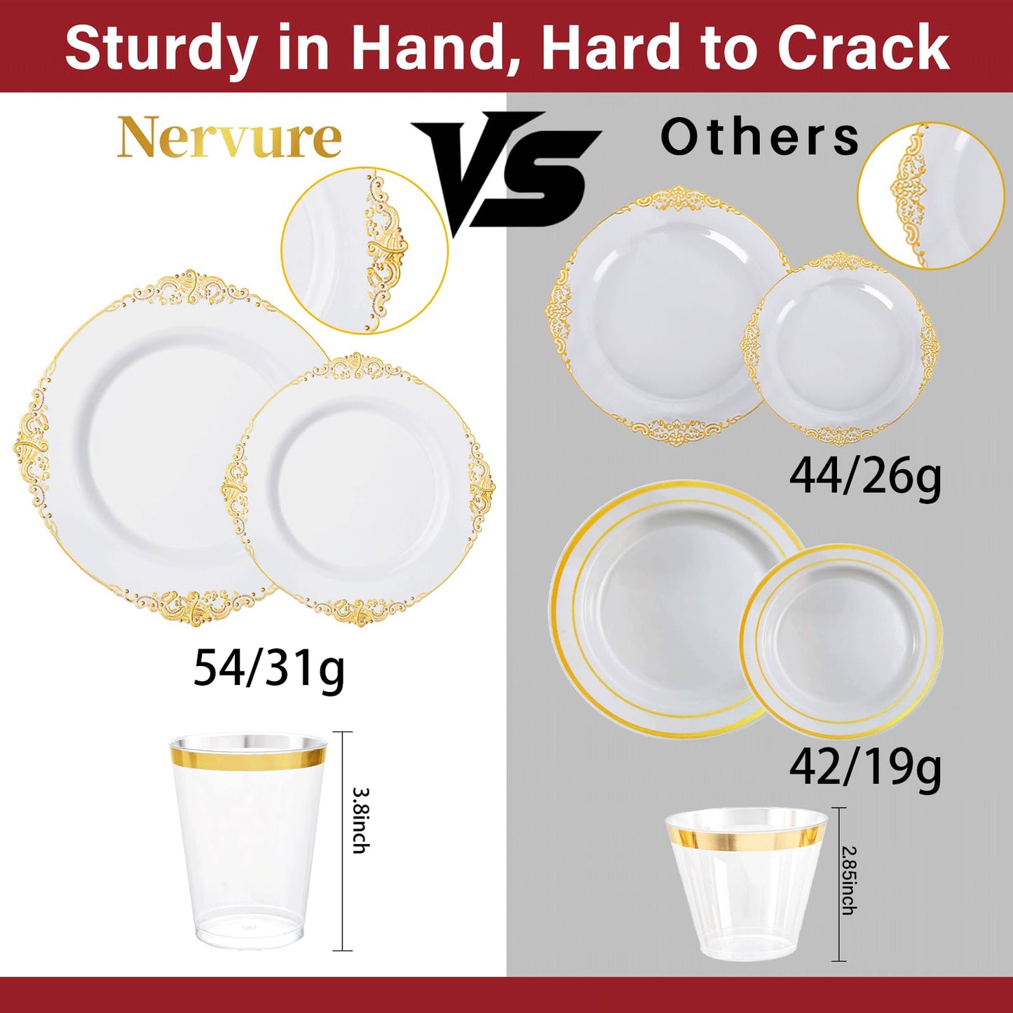 Nervure 350PCS Gold Plastic Plates - Gold Plastic Dinnerware Sets for 50 Guests - 100 Disposable Plates, 150 Silverware, 50 Cups, 50 Napkins for Wedding & Party & Mother's Day