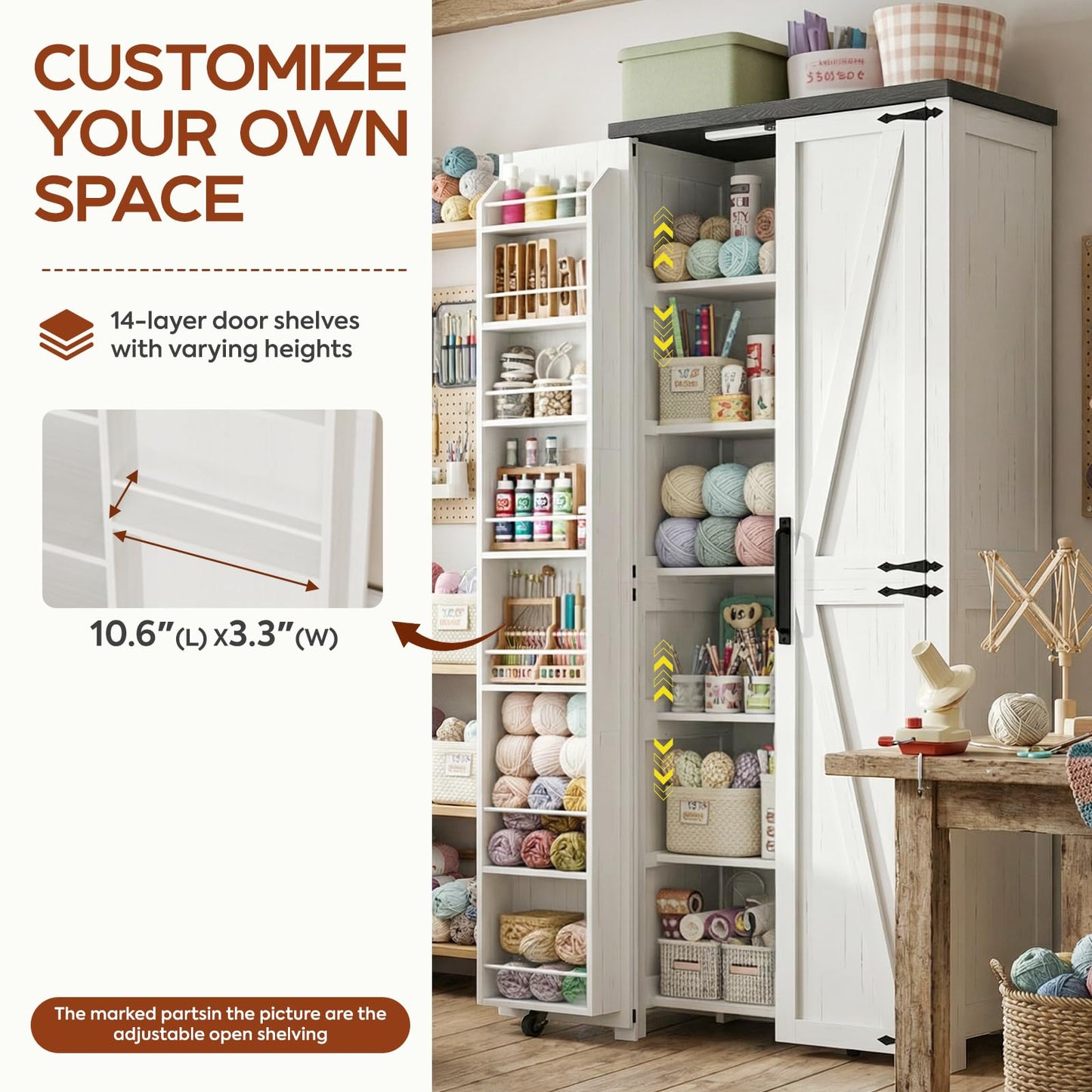 Furnivio Craft Cabinet with Storage - 71" Sewing Cabinet with LED Lights, Adjustable Shelves, Hobby Storage Cabinet for Craft Room, Food Pantry Cabinet for Kitchen, Dinning Room or Living Room