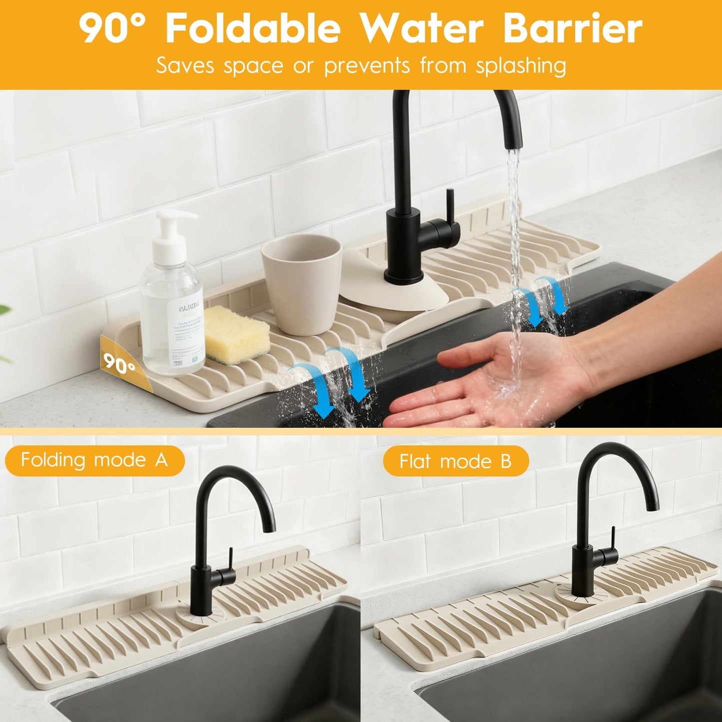 24" Silicone Faucet Mat for Kitchen Sink Released in 2025/12TH,8° Slope Fast Self-draining-Kitchen Sink Splash Guard,Bathroom Kitchen Sink Area Water Splash Guard Behind Faucet Draining Mat Beige