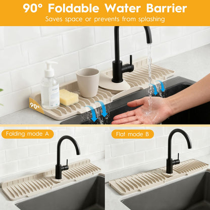 24" Silicone Faucet Mat for Kitchen Sink Released in 2025/12TH,8° Slope Fast Self-draining-Kitchen Sink Splash Guard,Bathroom Kitchen Sink Area Water Splash Guard Behind Faucet Draining Mat Beige