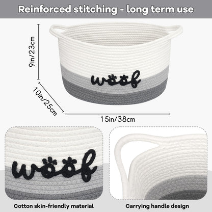 JEROKUMI Dog Toy Basket Cute Basket for Baby, Woven Basket Toy Box and Bin for Pet Cat, 15" X 10" X 9" (22L) Large Rope Basket for Blanket Storage, Living Room, Bedroom, White Gray