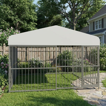 10 x 10FT Large Dog Kennel, Heavy Duty Metal Outdoor Dog Kennel, Outside Dog Playpen with Roof & Feeding Door
