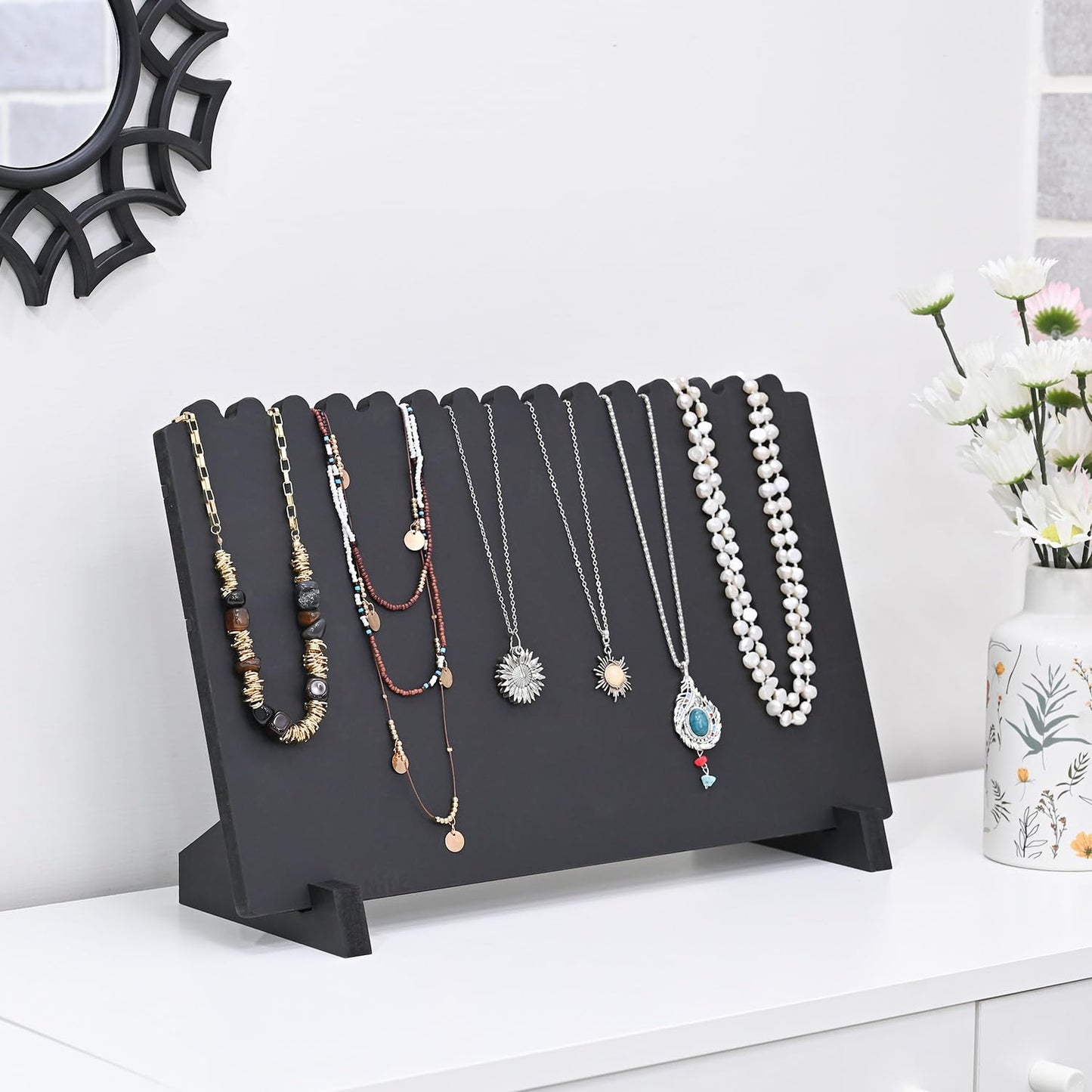 MOOCA Portable Wooden Plank Necklace Jewelry Stand for 15 Necklaces, Wood Plank Storage Holder, Jewelry Display Stand, Black Color