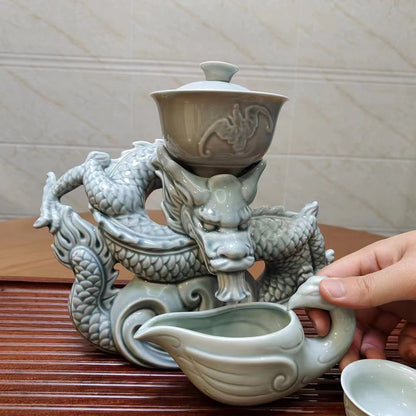 Scizorito Chinese Gongfu Tea Set Gift Box, Pure Hand Firing, Chinese Dragon Shape, Suitable for Office, Home, Gift (White Dragon)