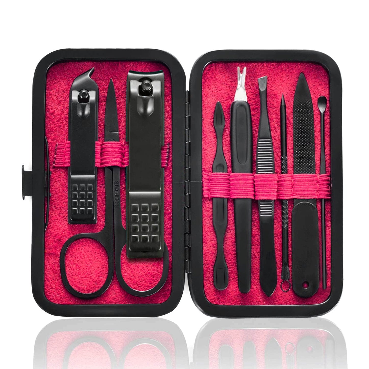Manicure Set 9 in 1 Stainless Steel, Nail Clippers Scissors Pedicure Tools Kit - Portable Travel Grooming Kit for Men and Women with Black/Blue Leather Case (Blue)