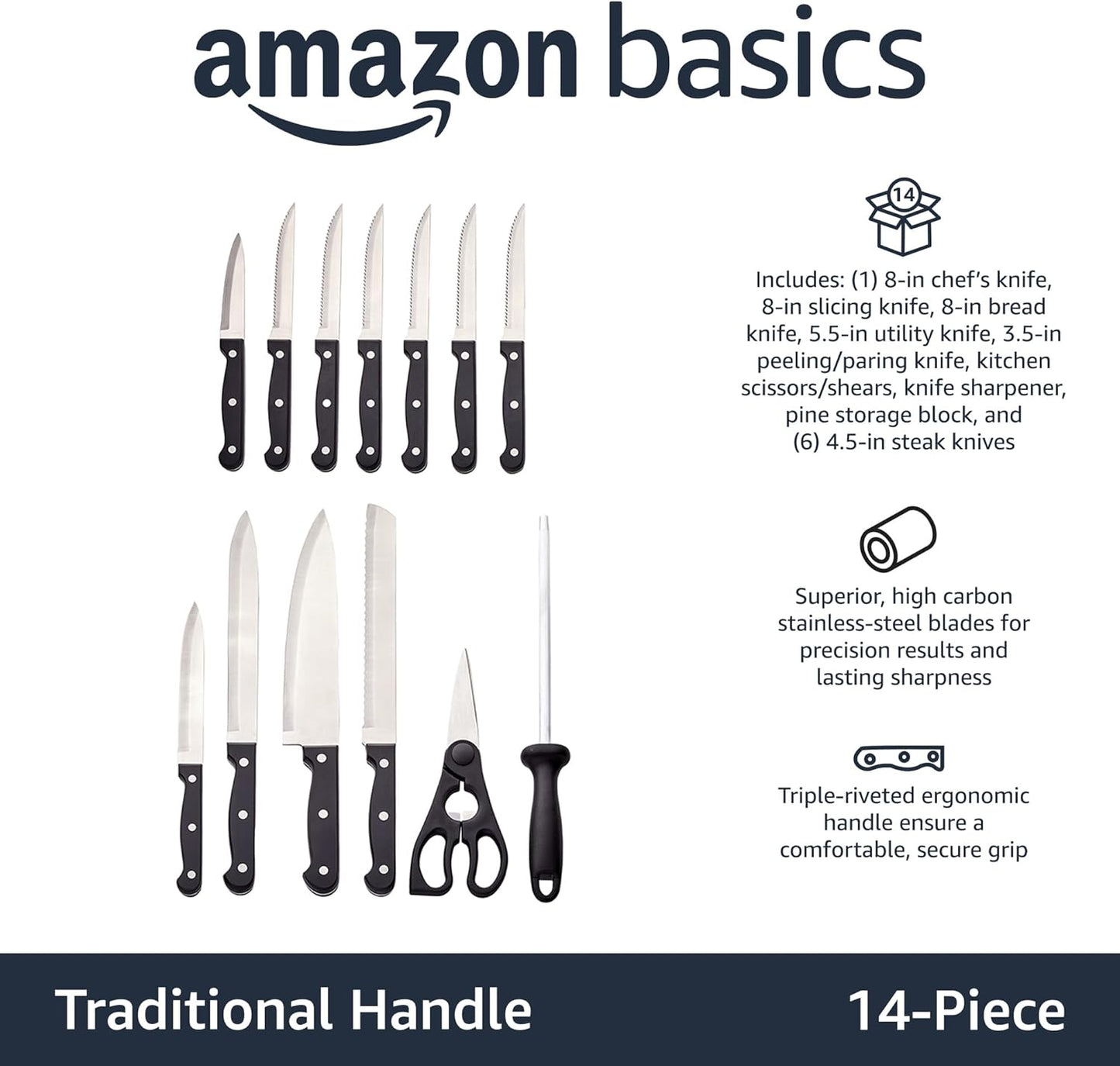 14-Piece Set Amazon Basics High Carbon Stainless Steel Kitchen Knife with Full Tang Construction, Ergonomic Handles