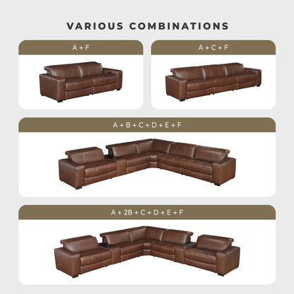 Lexicon Sectional Couches for Living Room-Modular Sectional Sofa, Power Double Reclining Loveseat, Power Headrests, Charging Ports, 2 Seater Recliner Couch, Top Grain Leather Brown