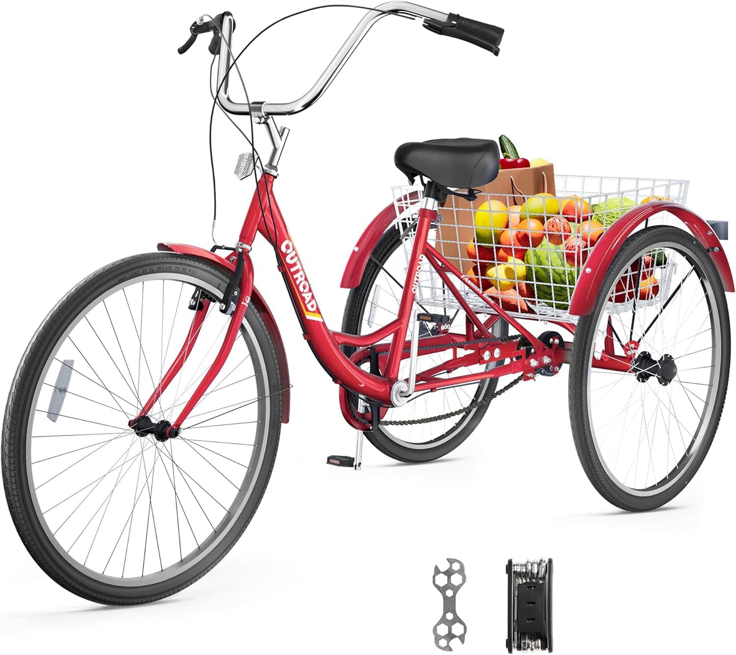 Brightpeak 24-Inch Adult Tricycle with 7 Speeds & Large Rear Basket, Perfect for Seniors & Leisurely Outings (Red)