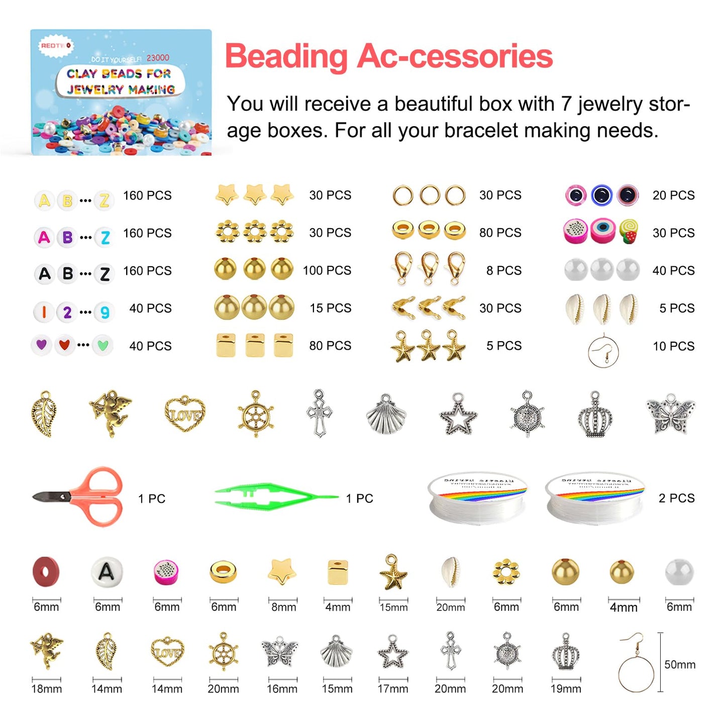 Redtwo 23000 Pcs Clay Beads Bracelet Making Kit, 144 Colors 7 Boxes Flat Polymer Heishi Beads Set for Friendship Jewelry Making with Pendant Charms Crafts Gifts for Girls Ages 6-12 Kids Adults