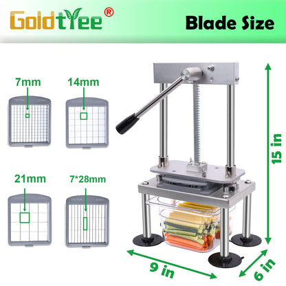 French Fry Cutter Goldtree Commercial Vegetable Chopper Professional Stainless Steel Potato Cutter Food Onion Dicer With 4 Replacement Blades for Tomatoes Fruit Carrots Cucumbers