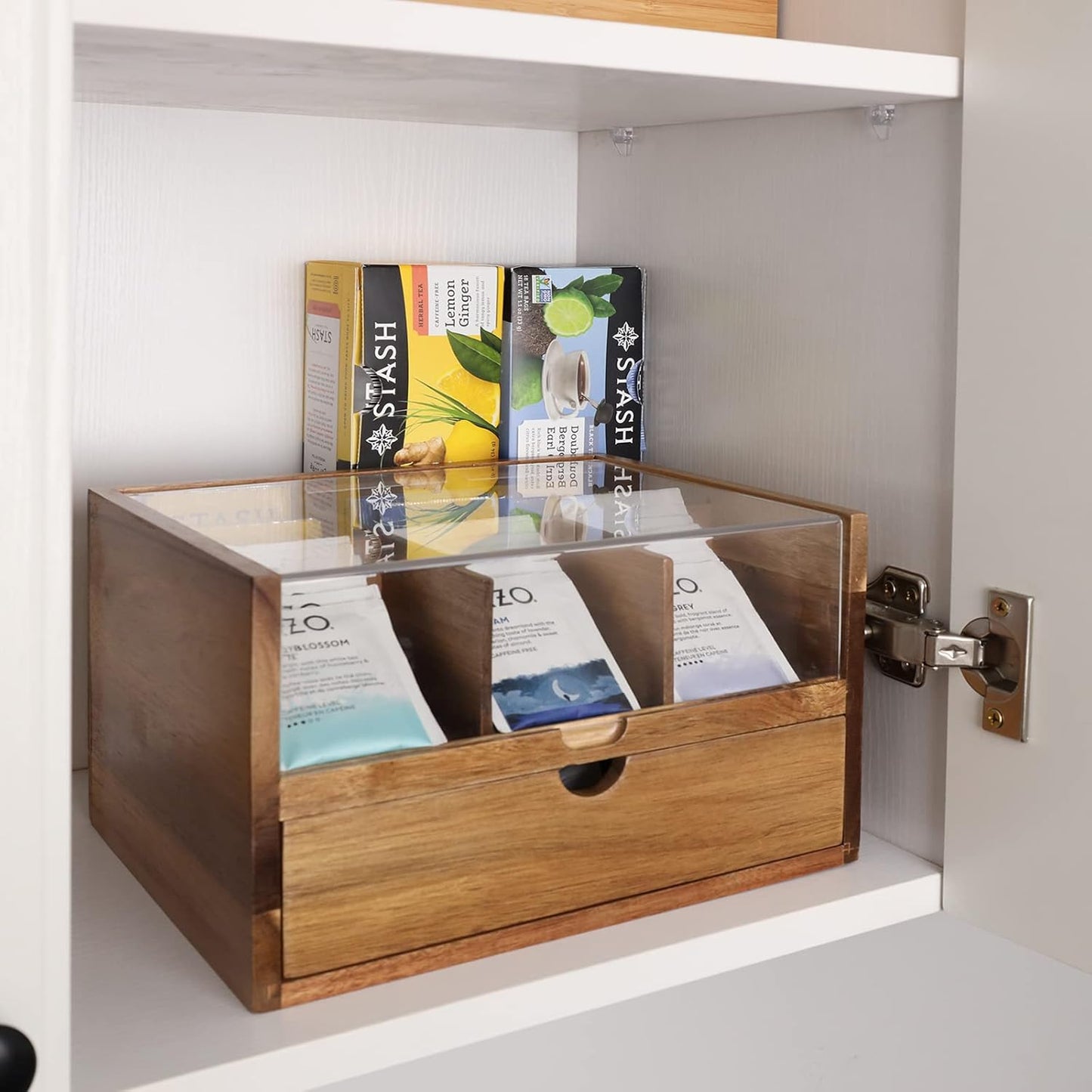 2 9 HTB Large Tea Organizer Tier with Drawer, Tea Bag Organizer with Acrylic Transparent Hinged Lid, Compartments