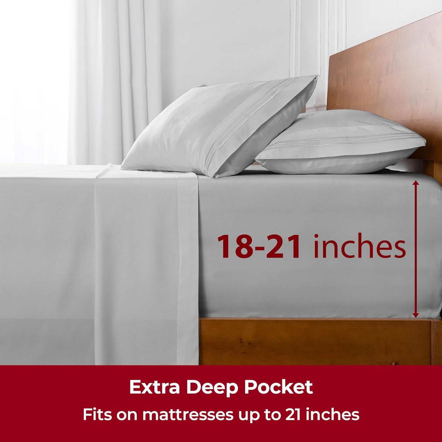 Mellanni Extra Deep California King Sheets - Ultra Soft, Cooling Bedding - 4 PC Hotel Luxury Set | Light Gray, Wrinkle & Stain Resistant