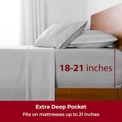 Mellanni Extra Deep California King Sheets - Ultra Soft, Cooling Bedding - 4 PC Hotel Luxury Set | Light Gray, Wrinkle & Stain Resistant
