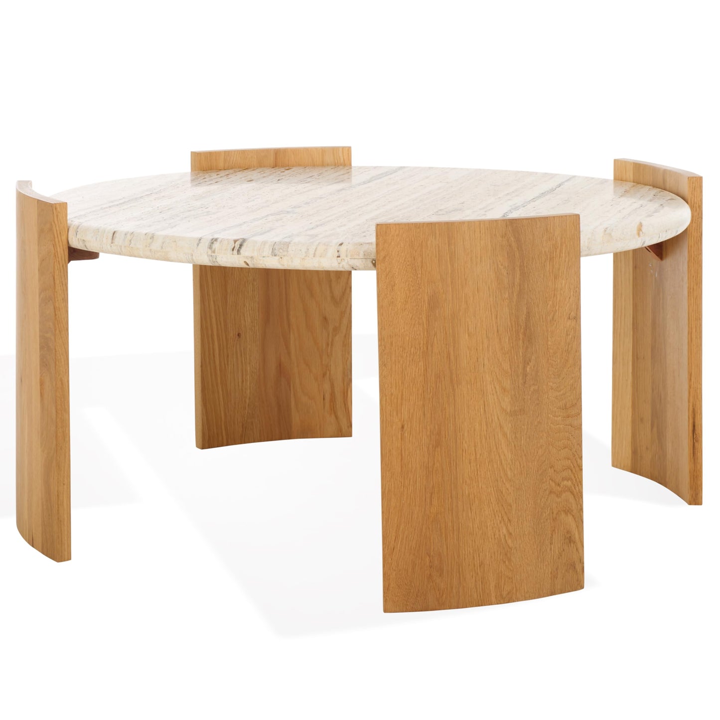 SAFAVIEH Couture Collection - Damarcus Travertine Top Round Coffee Table with Natural Brown Solid Wood Base, Modern Accent Cocktail Table (SFV9731A)