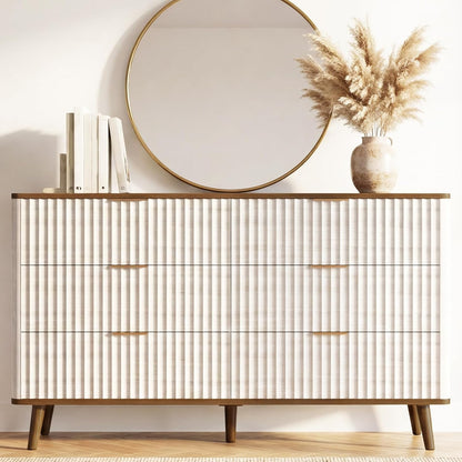 Mapleyard Fluted 6 Drawers Dresser, 47" Wide Wooden Chest of Drawers, Modern Mid Century Storage Closet Long Large Dresser for Bedroom, Living Room,Hallway, Entryway, Nursery Room, Beige + Walnut