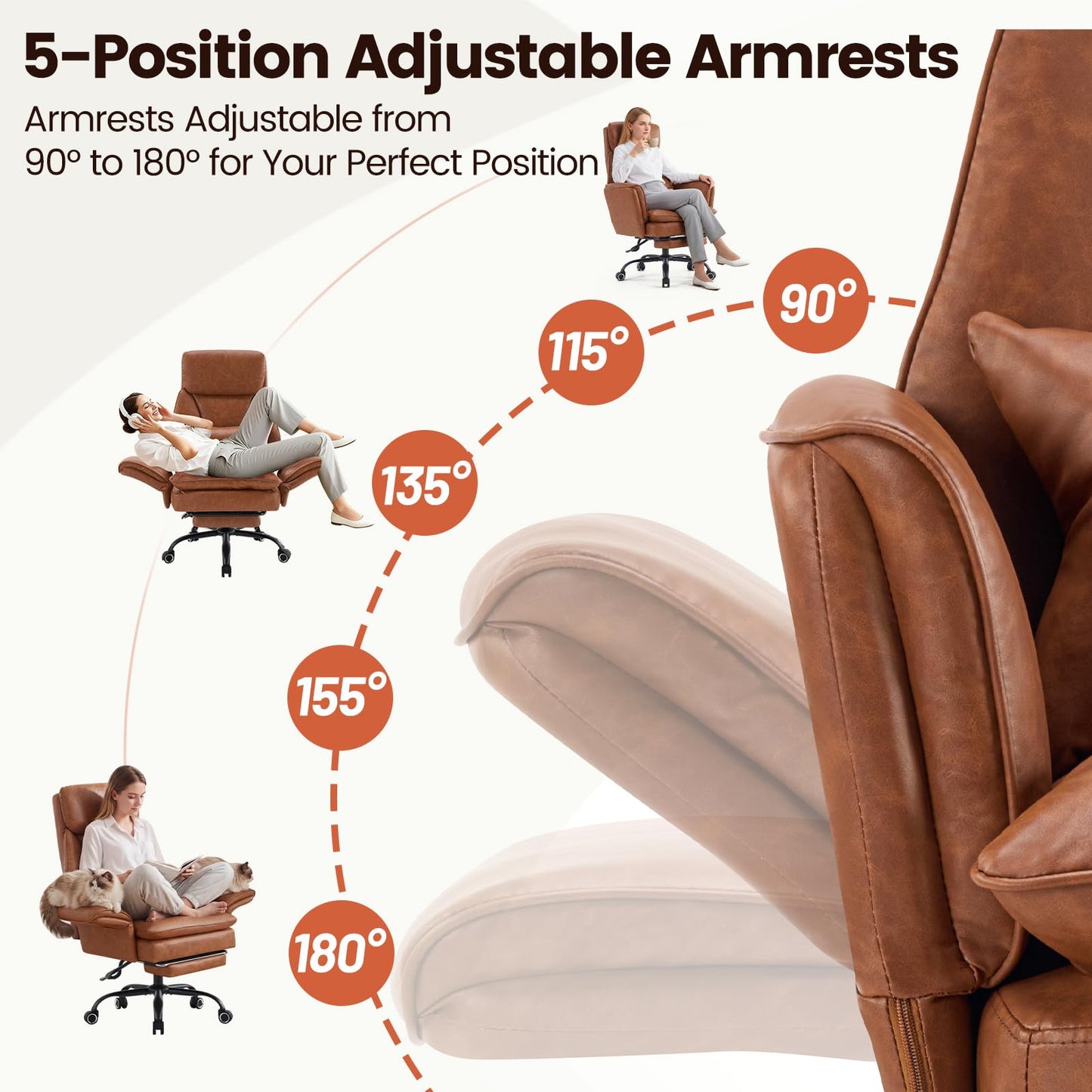 Furniliving Big and Tall Office Chair, Ergonomic Computer Desk Chair with Footrest, Wide Seat Reclining Gaming Chair, Flip Armrests for Cross Legged Sitting, Heavy Duty Support up to 400LBS, PU, Brown
