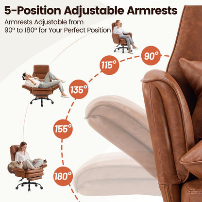 Furniliving Big and Tall Office Chair, Ergonomic Computer Desk Chair with Footrest, Wide Seat Reclining Gaming Chair, Flip Armrests for Cross Legged Sitting, Heavy Duty Support up to 400LBS, PU, Brown
