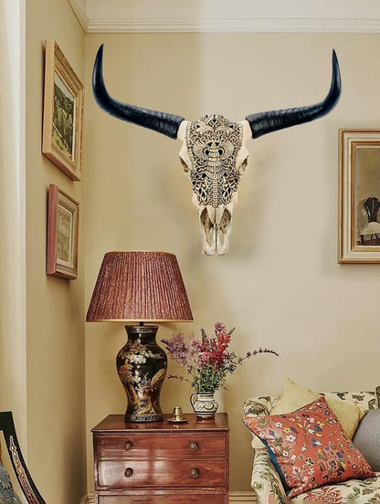 XOUXYJUN Long Horn Cow Skull, Cow Skull Wall Hanging Decor,Wall Hanging Faux Longhorn Skull Faux Taxidermy Animal Head, Handmade Decor Home Sculpture Faux Bull Horns for Wall 27″*26″*10″ (White)