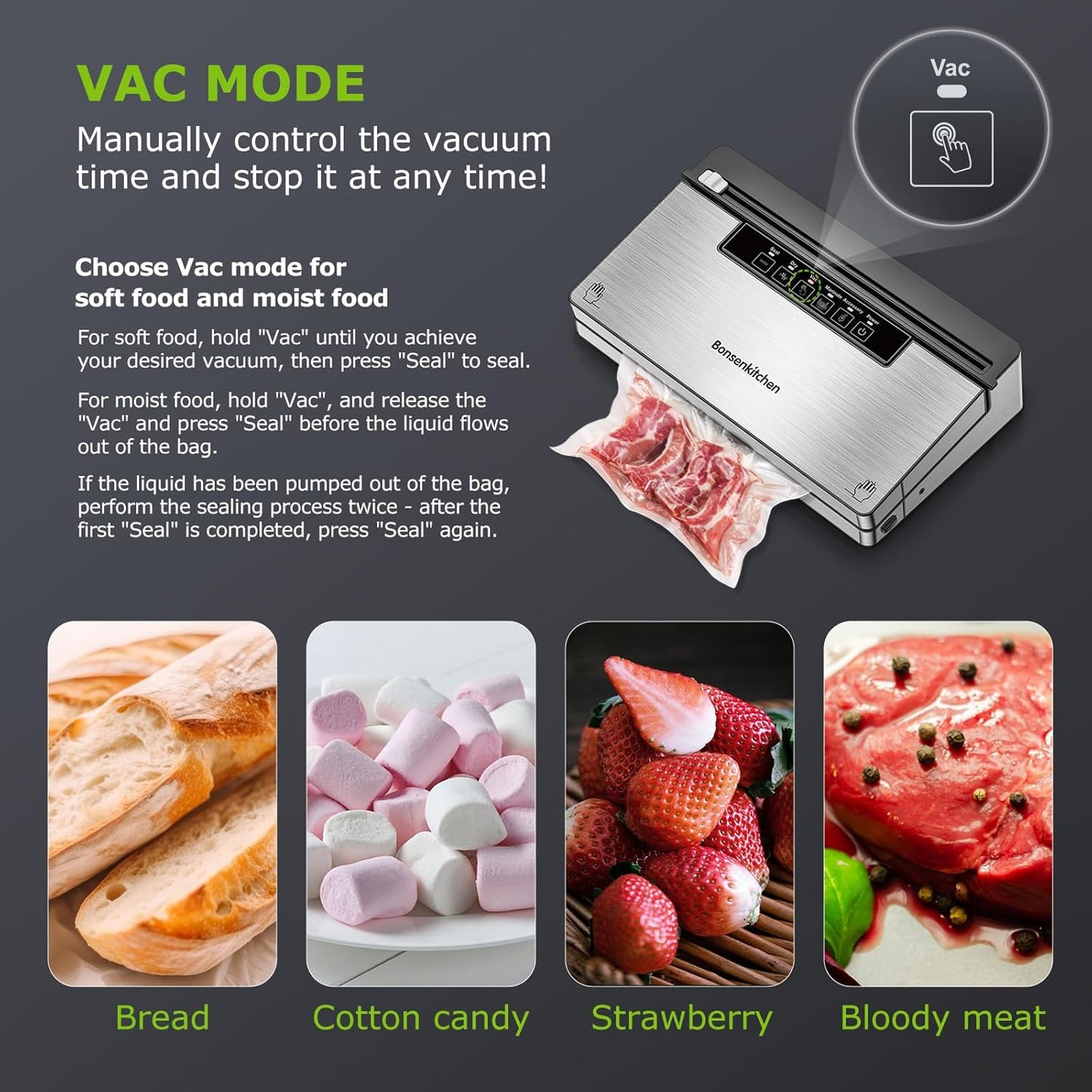 Bonsenkitchen Vacuum Sealer Machine, Powerful Food Sealer with 5 Modes, Built-in Cutter & Bag Storage, Stainless Steel