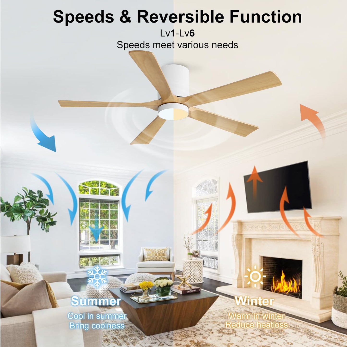 ELEHINSER 52 Inch Flush Mount Ceiling Fan with Lights, Low Profile Modern Ceiling Fan with Remote, Quiet DC Motor, 6-Speed, 3CCT,Timer, 5 Solid Wood Blades, White+Light Wood