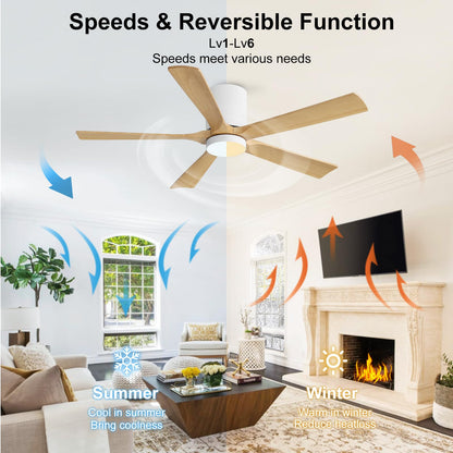 ELEHINSER 52 Inch Flush Mount Ceiling Fan with Lights, Low Profile Modern Ceiling Fan with Remote, Quiet DC Motor, 6-Speed, 3CCT,Timer, 5 Solid Wood Blades, White+Light Wood