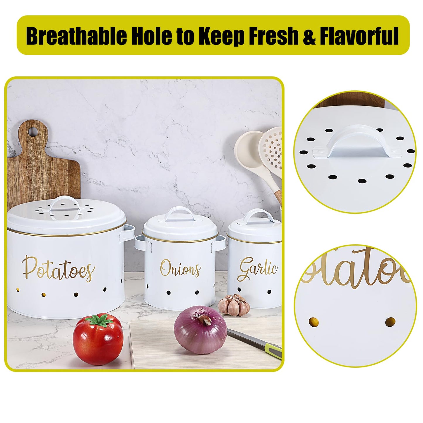 OwnMy Set of 3 Potato Onion Garlic Storage Bins Vegetable Containers Food Containers for Kitchen Counter, Potato Onion Storage Containers for Pantry Garlic Store Jars Vegetable Canisters Set, White