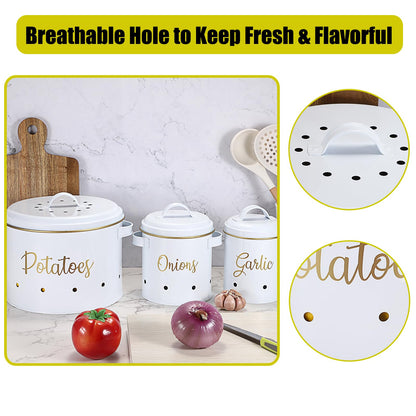 OwnMy Set of 3 Potato Onion Garlic Storage Bins Vegetable Containers Food Containers for Kitchen Counter, Potato Onion Storage Containers for Pantry Garlic Store Jars Vegetable Canisters Set, White