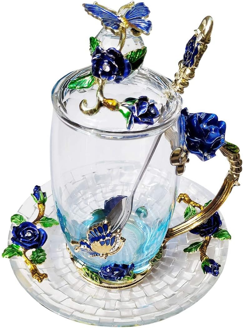 Glass Coffee Mug, Antique Birthday Christmas Gift for Women, Mom, Sister, Girlfriend, Flower Butterfly Cup (Tall Blue)