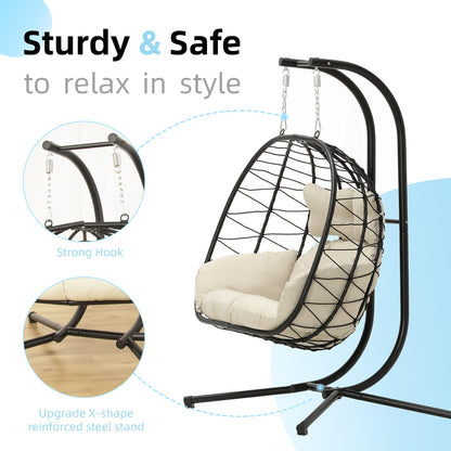 Double Egg Chair with Stand Hammock Swing Chair Foldable Hanging Loveseat, UV Resistant Removable Cushions, 700LBS Capacity for Bedroom, Balcony, Garden(BK-BE)