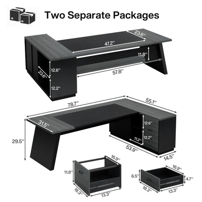 Tribesigns 78" L-Shaped Executive Desk, Large Modern Office Desk with Drawers and Lateral File Cabinet, Business Furniture with Storage Shelves, Big Computer Desk for Home Office (Grey + Blcak)