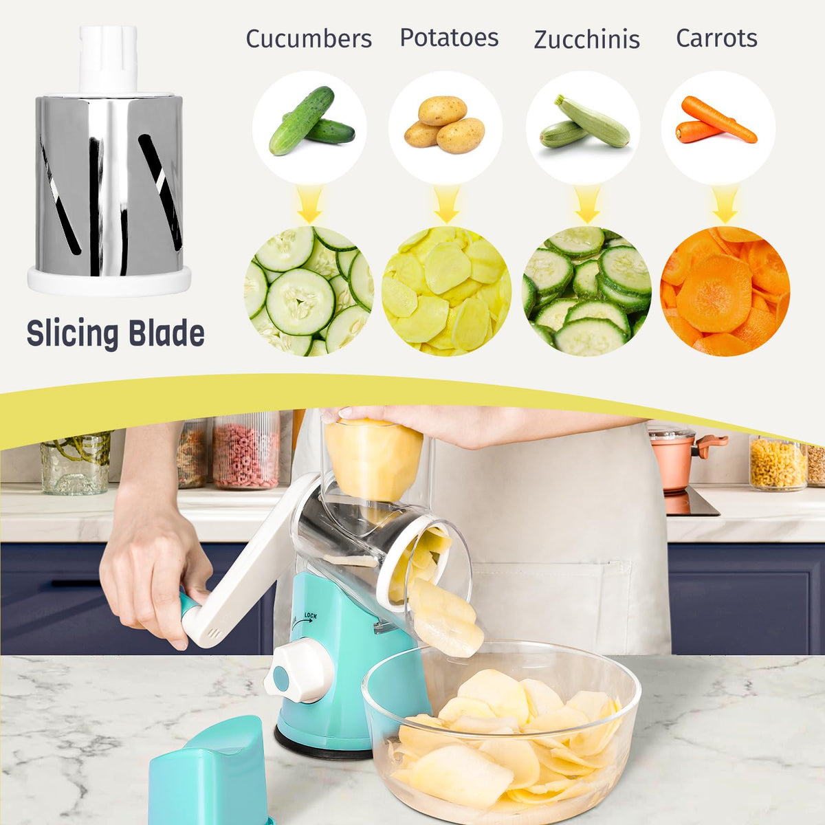 X Home Rotary Cheese Grater for Kitchen, Shredder with 3 Interchangeable Blades, Rotary Grater with Handle and Strong Suction Base, for Vegetables, Fruit, Nuts, Easy to Use and Clean, Blue