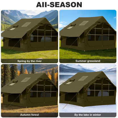 4-6 Person Inflatable Tent for Camping with Stove Jack, Hand Air Pump Easy Setup Blow Up Tents for 4 Seasons Waterproof Inflatable Air House Tent for Outdoor Adult