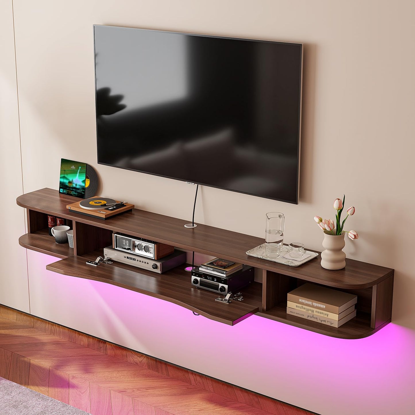 FurniNova Floating TV Stand,94'' Wall Mounted TV Cabinet,Floating TV Console,Under TV Shelf with 1 Door and 2 Cabinets for TVs up to 90''(Walnut)