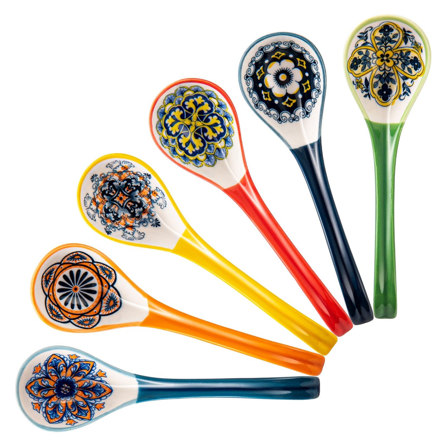Asian Soup Spoon Set of 6 – Boho Ceramic Ramen Spoon with Long Handle, Deep Soup Spoons for Japanese Ramen, Pho, Dumplings, Miso, Wonton – Dishwasher Safe